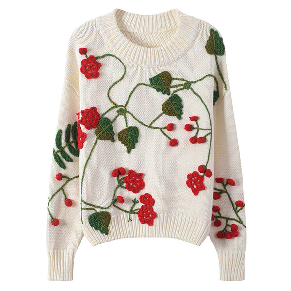 Free Shipping 2018 White/Black Long Sleeves Flowers Embroidery Women's Sweaters Brand Same Style Pullovers Women DH081441