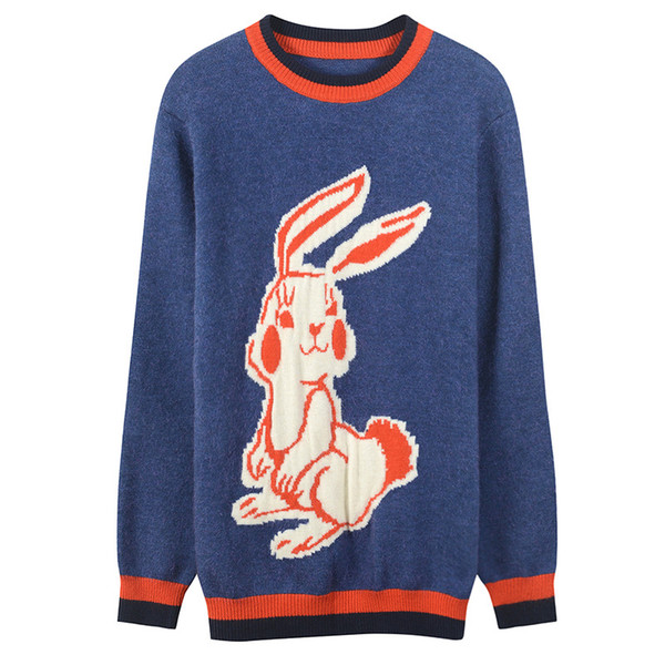 Free Shipping 2018 Blue Long Sleeves Rabbit Embroidery Women's Sweaters Brand Same Style Pullovers Women DH081437