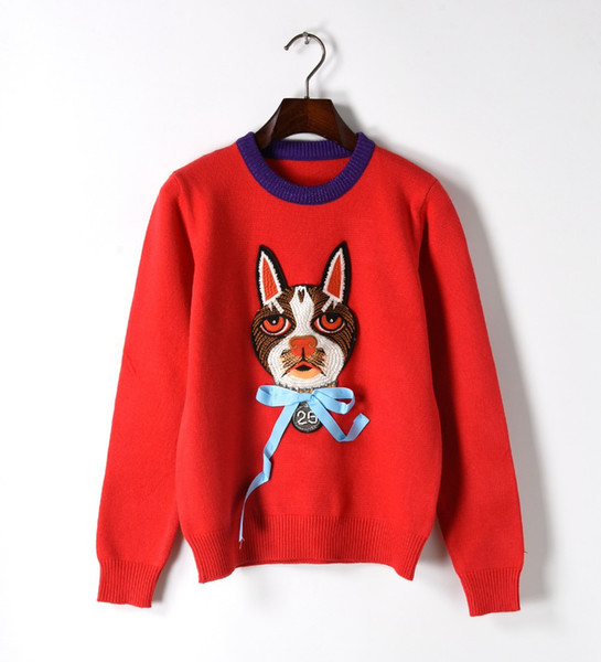 Free Shipping 2018 Red Long Sleeves Dog Embroidery Women's Sweaters Brand Same Style Pullovers Women DH081403