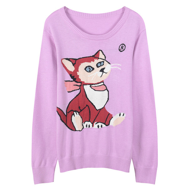 Free Shipping 2018 Purple Long Sleeves Cat Embroidery Women's Sweaters Brand Same Style Pullovers Women DH081442