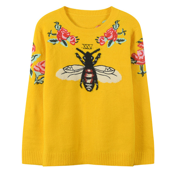 Free Shipping 2018 Yellow Long Sleeves Bees Embroidery Women's Sweaters Brand Same Style Pullovers Women DH081435