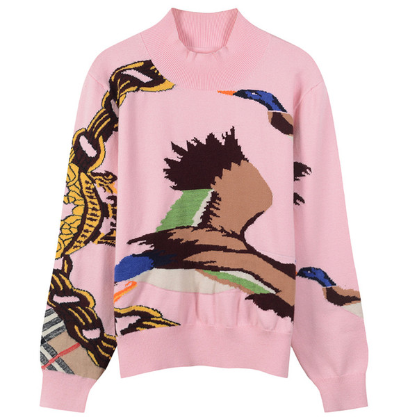 Free Shipping 2018 Pink Long Sleeves Wild duck Embroidery Women's Sweaters Brand Same Style Pullovers Women DH081447