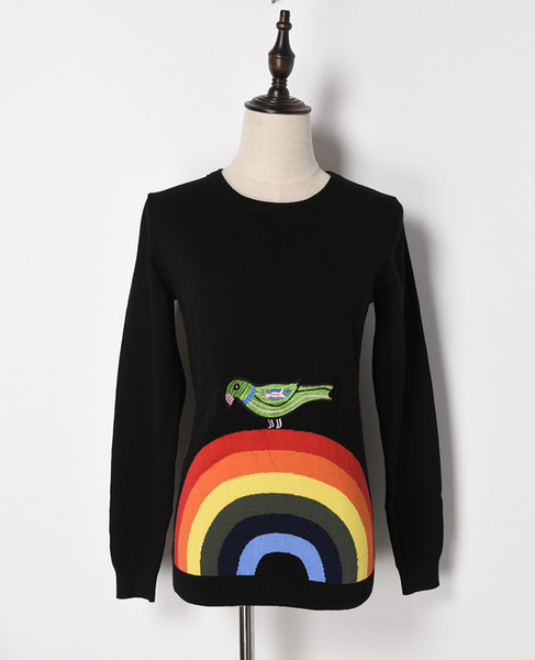 Free Shipping 2018 Black Long Sleeves Rainbow bird Embroidery Women's Sweaters Brand Same Style Pullovers Women DH081416