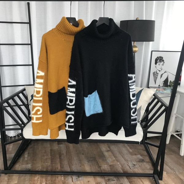 2018 Designer Fashion Luxury Khaki/Black Turtleneck Long Sleeves Women's Sweaters Letter Embroidery Mohair Pullovers Long Womens Plus Size