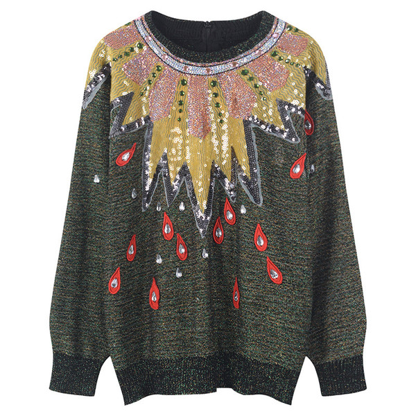 Green Long Sleeves Flowers Sequins Embroidery Women's Sweaters Brand Same Style Pullovers Women DH081434