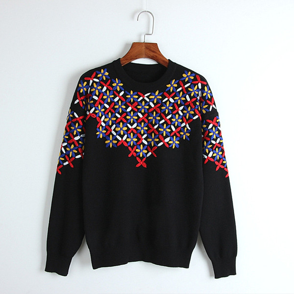 Free Shipping 2018 Black Long Sleeves Flowers Embroidery Women's Sweaters Brand Same Style Pullovers Women DH081605