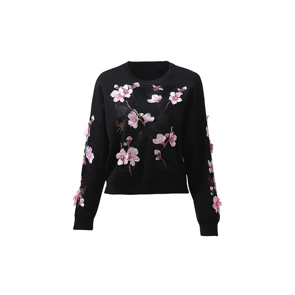 Black Flowers Embroidery Beads Women's Pullovers Designer Fashion Luxury Sweaters Women High End Women's Sweaters 903010