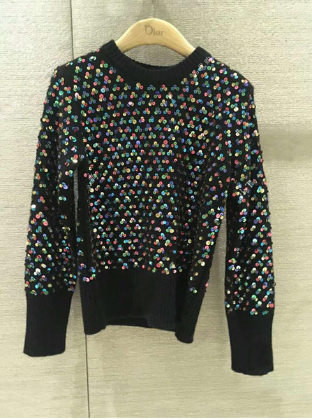 Luxurious Black Women's Sweaters With Colorful Sequins Brand Same Style Pullovers Women Milan Runway Sweaters 90720