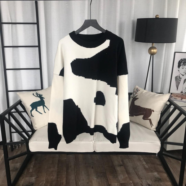 Designer 2018 Fashion Black White Milk Cow Print Women's Sweaters High End Pullovers For Womens 68655