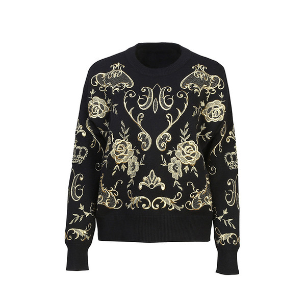 Black Women's Pullovers With Gold Vine Embroidery Designer Fashion Luxury Sweaters Women High End Women's Sweaters 903009