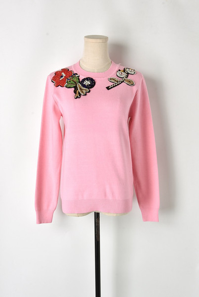 Free Shipping 2018 Black/Pink/White Long Sleeves Flowers Applique Beads Women's Sweaters Brand Same Style Pullovers Women DH081419