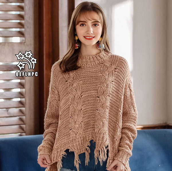 2018 Fashion casual ladies blouse Round collar Knitted sweater Winter and spring Keep warm Irregular Women Sweaters Long Sleeve Crew Neck