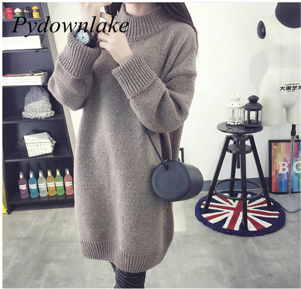 2018 Women's Gray Turtleneck Long Sleevee Sweater Dress Autumn Warm Long Thickening Loose Free Size Sweaters Pullovers Ladies Knit Tops