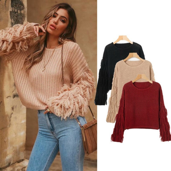 2019 New Winter Women's Sweater Brand Red Pullovers Sweaters Long Sleeve Women Top knitted Loose Tassels Knitwear O-Neck DN279