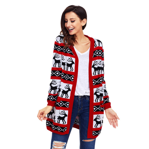 Cardigans Womens Oversized Christmas Reindeer Cardigan Print Knitted Sweater Striped Sweater Oversized Full Sleeve Girls New