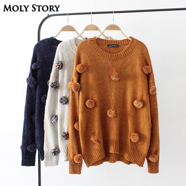 New Autumn Winter Cute Pom Pom Sweaters Women O Neck Casual Loose Knitted Sweater Tops Outwear Pull Femme Jumper