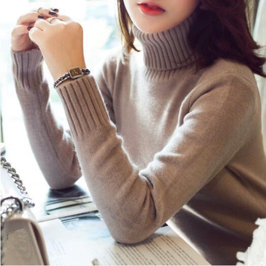 Women High Neck Sweater Long Sleeve Turtle Neck Knitted Pullovers Solid Knit Cashmere Tops for Autumn Winter LSF