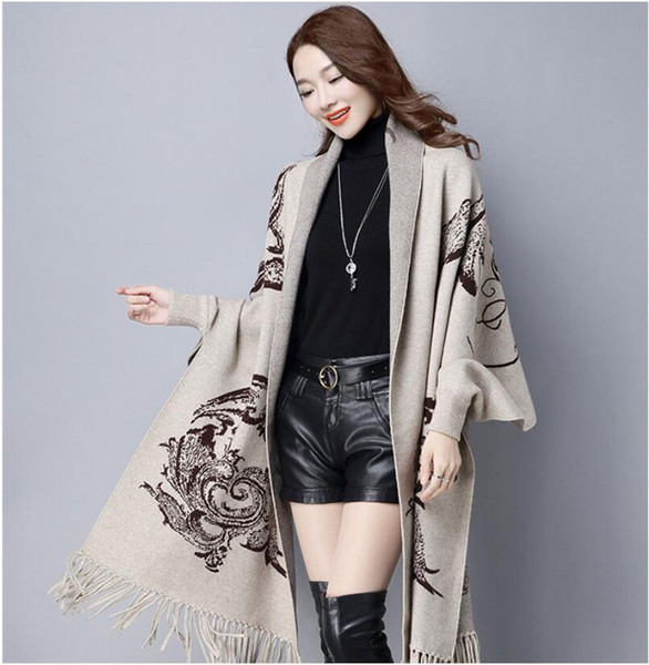 Women's Knitted Scarf Cape Elegant Socialite Cashmere Tassel Cardigan Sweaters Batwing Sleeves Scarf Cape Outwear