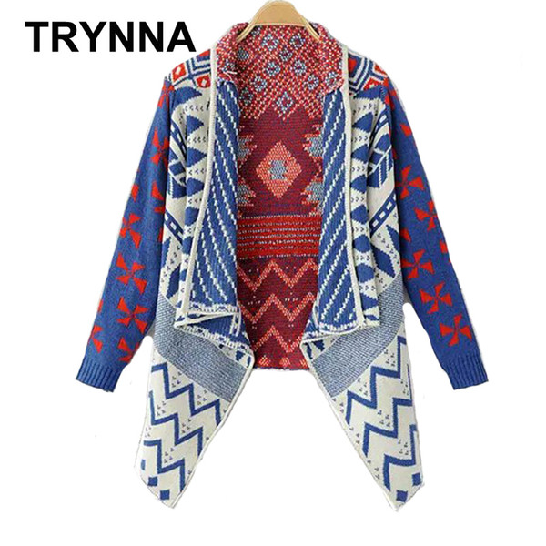 Wholesale- Women's Winter Geometric Flowers Hit Color Turn-down Neck Knitting Long Cardigan Fashion Feminino Kimono Plus Size