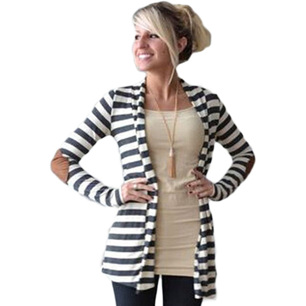 New Fashion 2017 Autumn Outerwear Women Long Sleeve Striped Printed Cardigan Casual Elbow Patchwork Knitted Sweater