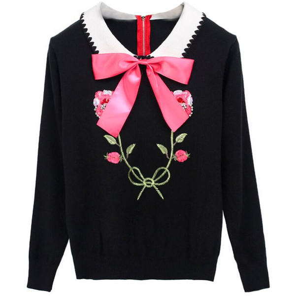 Autumn Winter Christmas Sweater Knitted Women Luxury Floral Embroidery Sequins Pullovers Jumper Clothes