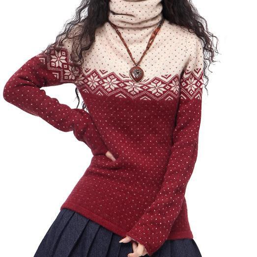 Women's winter Black and white turtleneck Pullover Double thick jacquard pile collar cashmere sweater