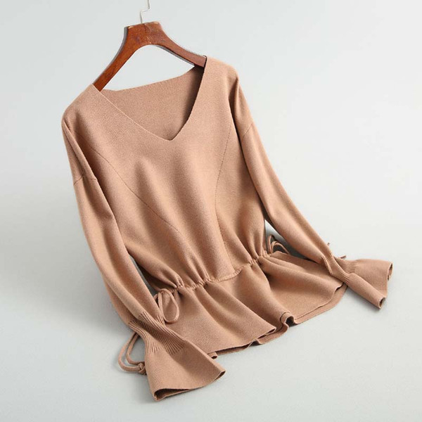 J179 New arrival women elegant v neck slim waist drawstring long sleeve sweater ladies high quality pullovers jumpers sweater