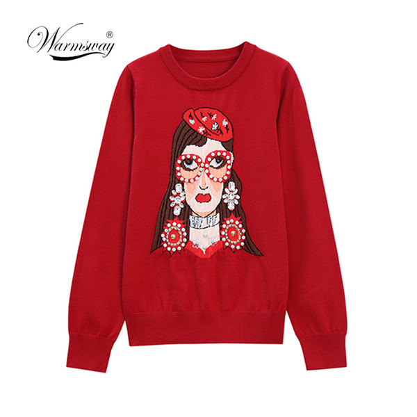 Runway Wool Brand Sweater Women character intarsia with hand-made rhinestone embroidered Pullover Fashion Chic Knitwear C-201