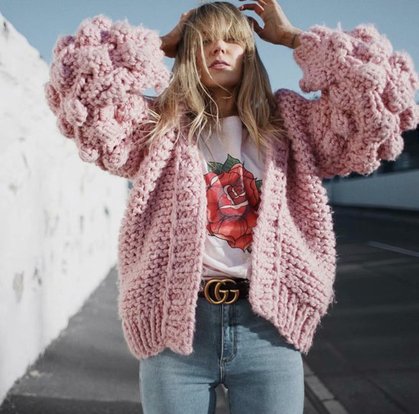 Causey 2018 Mohair Hand Knitted Cardigan Sweater Women Coarse Sweater Women Winter Lantern Sleeve Cardigan Female sueter mujer