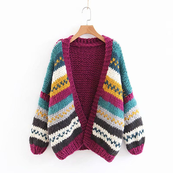 2018 new autumn and winter women's cardigan hand-knitted color stitching contrast color twist loose sweater coat V-neck cardigan