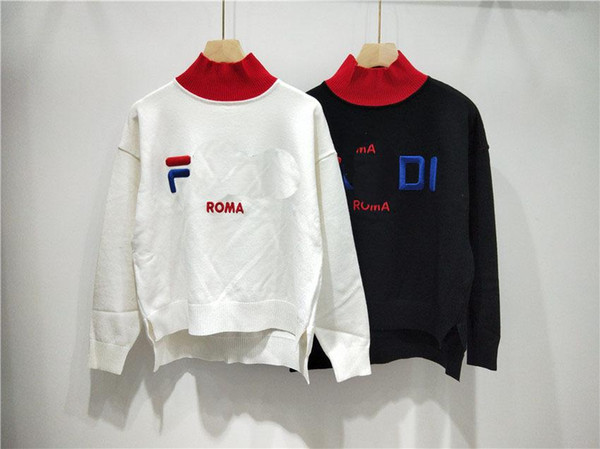 Winter2019 new Intermittent Color High Collar Embroidery F Letter Women Knitwear Ladies Sweaters