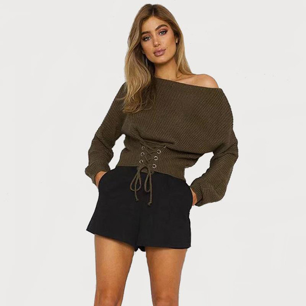 5 Colors Women Crop Knitwear Long Sleeve Slash Neck Lace-Up Oversized Sweater Punk Style Knit Blouse Top Spring Autumn Clubwear