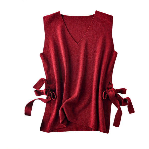 Sleeveless Fashion Loose Sweater Vest Female V-Neck Cashmere Blend Knit Sweater Women's Lace Up Style Cashmere Vest On Both Side