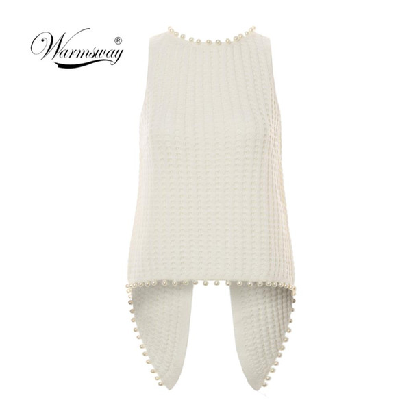 Sexy Open Back Women Knitted Tank Top 2019 Summer Peals Beaded Solid White Sleeveless Shirts Irregular Crop Tops Mujer B-047