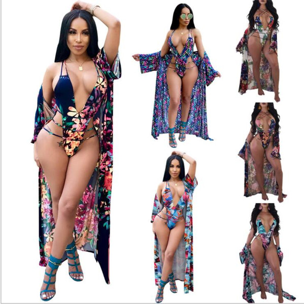 Women Fashion Bikini Sets Sexy Bodysuit 2 Piece Beach Wear Print Rompers Jumpsuits Covers 6Colors V-Neck Swim Bodysuit KKA5020