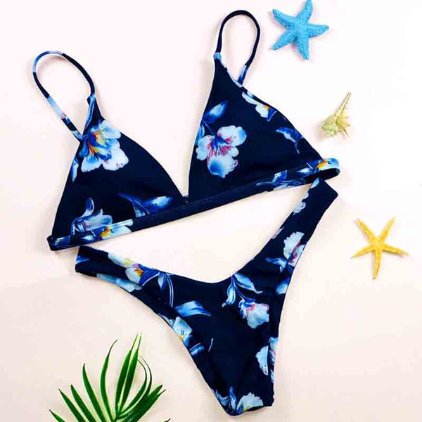 Women's Floral Printing Shown Cleavage Strap Push Up Bikini Padded Wireless Swimwear Bathing Suit