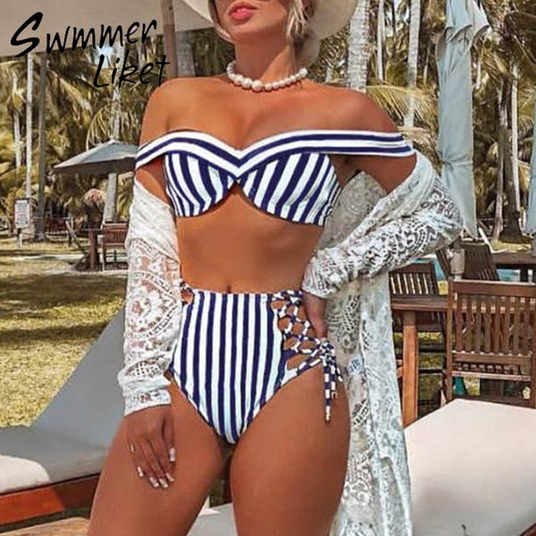 Striped swimsuit women High waist bikini set Off shoulder swimwear 2019 Lace up bathing suit Sexy two-piece suit Push up bathers