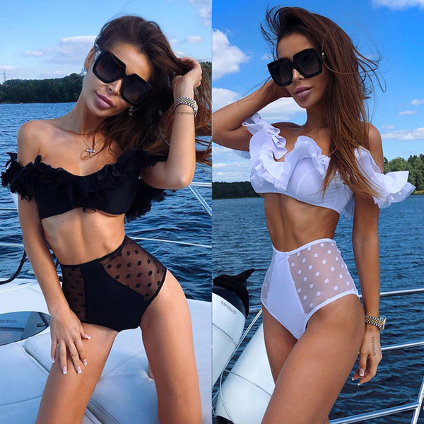 Ruffles Flower Dot Bikini Set Women Swimwear 2019 Summer New Shoulderless Mesh High Waist Biquini Swimsuit Women Bathing Suit