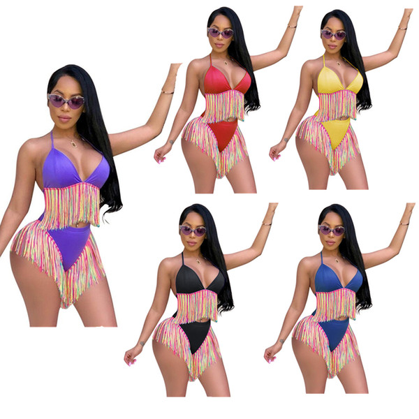 Summer Women Tassel Bikini Set Swimsuit Lace Up Bra Crop Top + Hipster Mini Shorts Swimwear Beachwear Swimming Suit Streetwear A52103