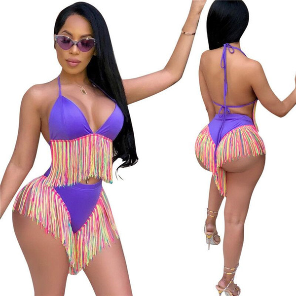 Summer Women Swimwear Tassel Bikini Set Swimsuits 2 Piece Lace Up Bra Crop Top+ Hipster Mini Shorts Bikinis Set Beachwear S-2XL A52103