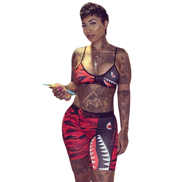 2019 Women Ethika Swimwear Tie up Bra +Shorts Pants Swimming Trunks 2 Piece Tracksuit Patchwork Shark Camo Striped Swimsuit Bikini A21804