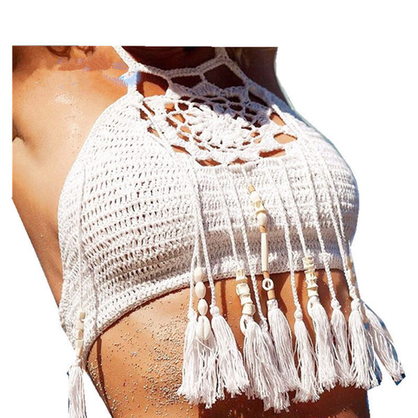 Free Size Women Sexy Tassel Retro Bikini Out Fringed Knitted Bra Tops Swimsuit Crochet Knit Swimwear