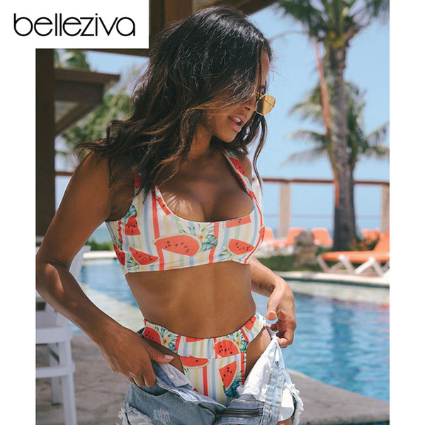 Belleziva Sexy Women Watermelon Print Bikini Set Lovely Girls High Waisted Swimwear Summer Swimsuit Padded Bathing Suit Biquinis