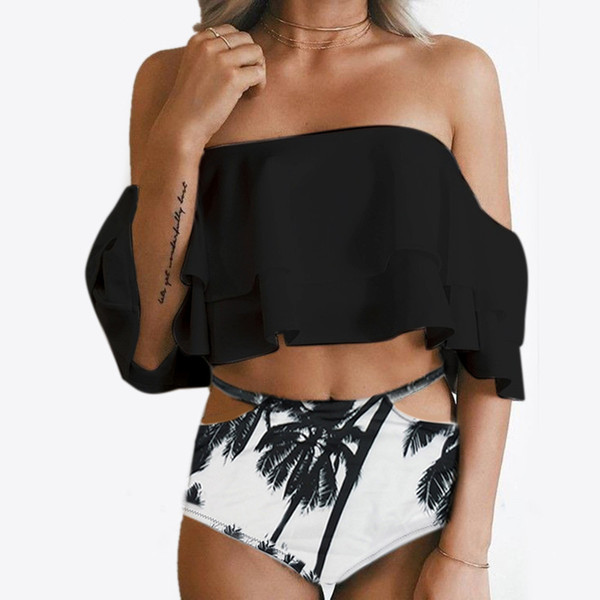 Women Two Piece Off Shoulder plus size bikini Ruffled Flounce Crop Bikini Top With Print Cut Out Bottoms wrap bikini swimsuit