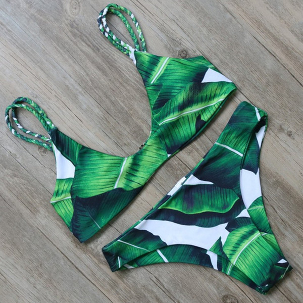 Women Bikini Sexy Tropical Leaves Print Swimsuit Fashion Style Adjustable Braided Belt Bikini Top + Low Waist Swim Trunks