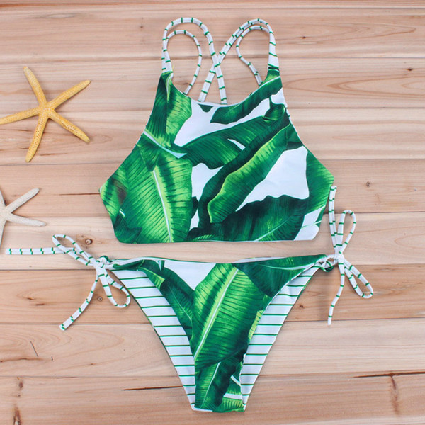New Sex Women Bikini swimwear 2 Piece bikini Leaves Print Swimsuit Fashion Style Bikini Top + Low Waist Swim Trunks
