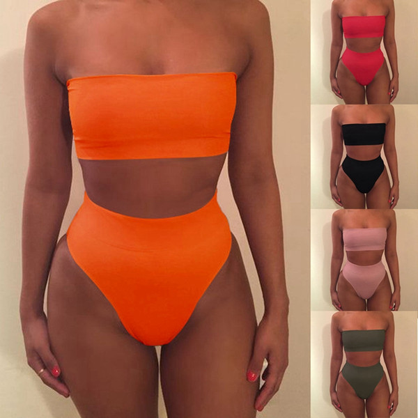 2017 Sexy Women Bikini Set Off Shoulder Solid Bandage Push Up Padded Swimwear Swimsuit Beachwear Pluz Size