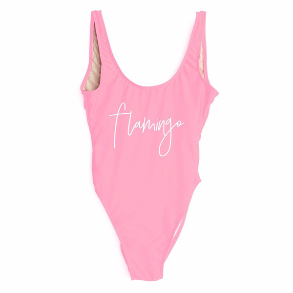 Wholesale- FLAMINGO Sexy Thong One Piece Swimsuit Women High Cut Monokini Print Letter Swimwear Beach Bathing Suit Backless Swim Wear