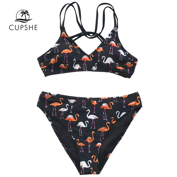 CUPSHE Flamingo Print Strappy Bikini Sets Women Back Cross Straps Two Pieces Swimsuits Girl Sexy Bathing Suits Swimwear