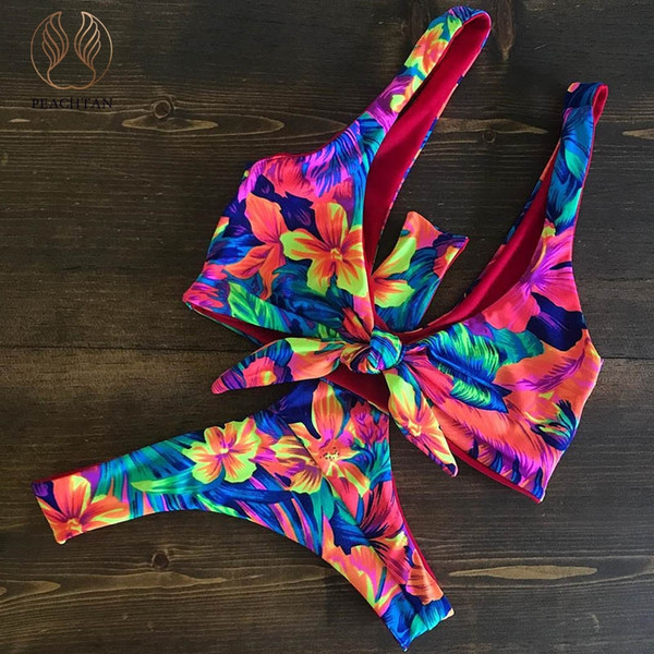 Peachtan Sexy floral print bikini micro biquini Weave push up swimsuit female Push up swimwear women bathers Summer swim